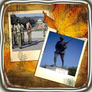 School Performance on THE ANZAC STORY. Memorial to Turkish infantry, Chunuk Bair Gallipoli Battlefield, Turkey with Australian Soldiers in front of the Australian War Memorial. ANZAC